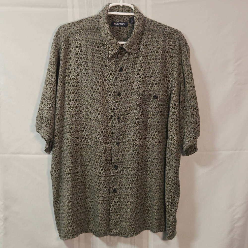 Puritan Button Down Shirt Mens XL Black Paisley Viscose Short Sleeve Pocket